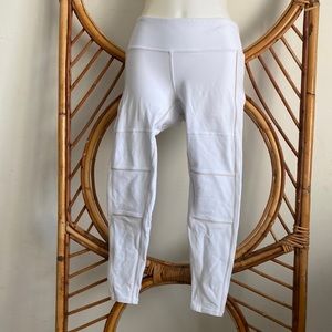 ALO white leggings with taupe piping